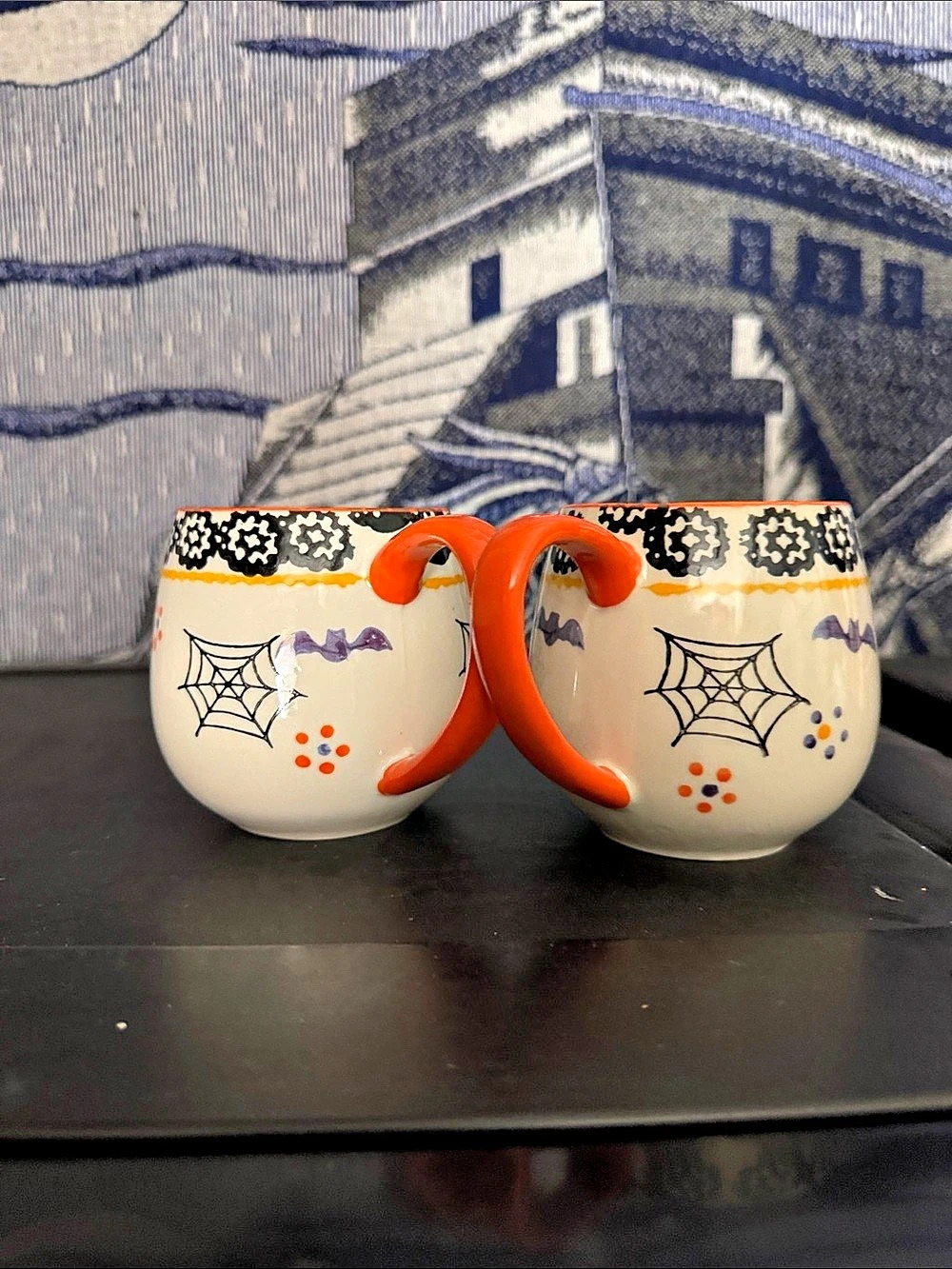 Temptations Ceramic Halloween Bat Dots and Spider Web Stripes Mugs